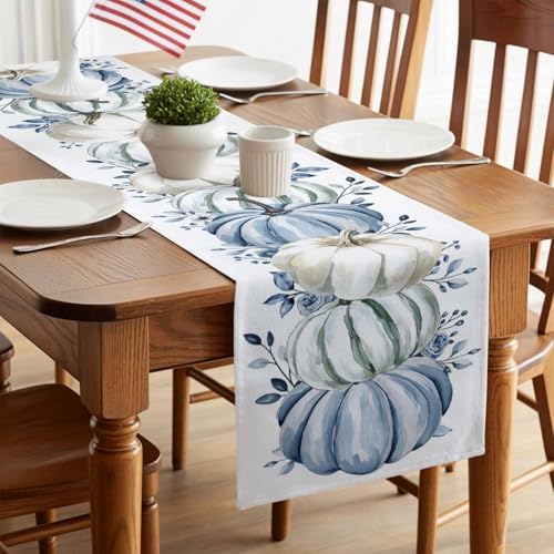Fall Table Runner White Blue Pumpkin Table Runners Harvest Thanksgiving Blue Eucalyptus Leaves Cotton Linen Dresser Scarf Kitchen Dining Table Decor for Autumn Holiday Party Coffee 13x90 Inch