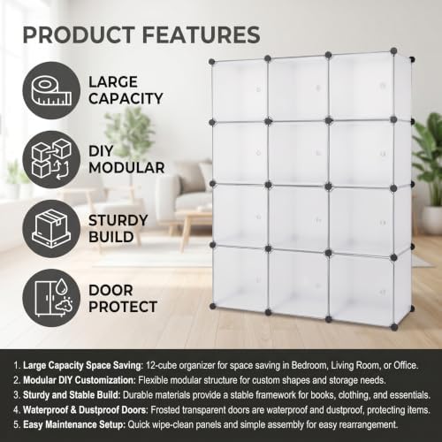 12-Cube Storage Organizer with Doors, Modular Closet Cabinet Storage Shelf, DIY Stackable Plastic Cube Bookshelf for Bed