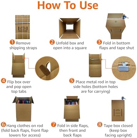 Amazon Basics Strong Cardboard Wardrobe Moving Boxes with Hanging Bar, Handles for Packing Clothes, 24" x 24" x 40", Brown, 6-Pack