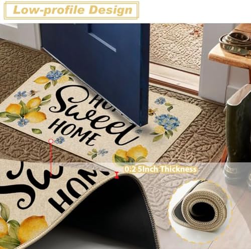 Baccessor Lemon Kitchen Rugs Set of 2, Hydrangea Floral Flowers Kitchen Mats for Spring Summer Floor Hallway Laundry Sink Low-Profile Home Decoration 17x29 and 17x47 Inch