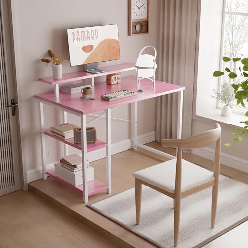 Pamray 33.5 Inch Small Computer Desk with Monitor Stand and Shelves