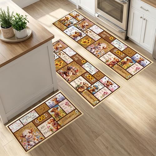 Highland Cow Kitchen Mats, Highland Cattle Sunflower Non Slip Rugs