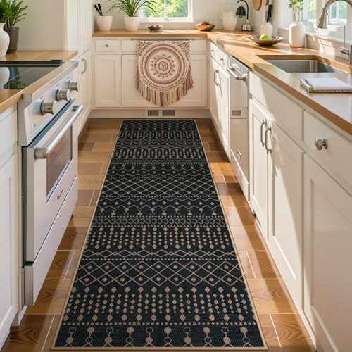 Lahome Moroccan Easy Jute Washable Runner Rug, 2x8 Black Kitchen Runner