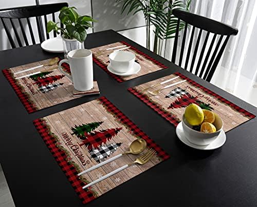 Artwork Store Merry Christmas Placemats Set of 4,Cotton Linen Table Mats Non-Slip Washable Buffalo Plaid Farm Xmas Tree Snowflake Pine Tree Placemat for Holiday Party Dining Kitchen Table Decor