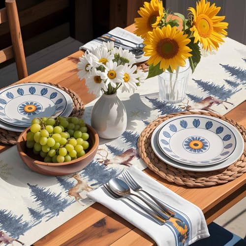 Christmas Table Runner Dresser Scarf 13 x 60 Inch Vintage PineTree Forest Elk Glod Snowflakes Linen Table Runners Non-Slip Heat Resistant Kitchen Dining Table Decor for Home Holidays Indoor Outdoor