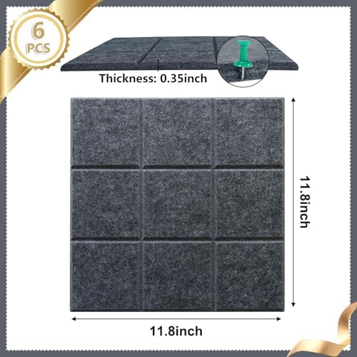 6 Packs Deep Grey Cork Board Felt Board Tiles, Bulletin Board 12"X12" with 30 Push Pins, Felt Board for Home Kitchen Office Decor, Self-Adhesive Corkboard Tiles for Walls School Message Display Board