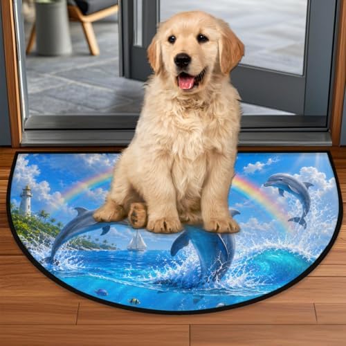 Cute Ocean Dolphins Summer Half Round Door Mat, Non-Slip Welcome Indoor Entrance Way Rug Semi Circle Front Doormats Washable Bathroom Kitchen Floor Mat, Outdoor Rugs for Garage, Patio, Hearth Rug,B-1