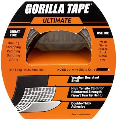 Gorilla Ultimate Tape, High Tensile Cloth with Double-Thick Adhesive for Hauling, Strapping, Patching, Bundling, Lifting, 1.88" x 20yd, Black (Pack of 5)