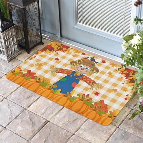 Fall Door Mat Scarecrows Crow Pumpkin Doormat Maple Leaf Orange Buffalo Plaid Harvest Thanksgiving Welcome Mat Non Slip Entryway Front Rug Floor Mat for Indoor Outdoor Kitchen Autumn Holiday 16x24