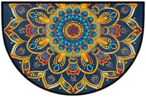 Pardick Boho Mandala Flower Half Round Door Mat, Non-Slip Welcome Indoor Entrance Way Rug Semi Circle Front Doormats Washable Bathroom Kitchen Floor Mat, Outdoor Rugs for Garage, Patio, Hearth Rug
