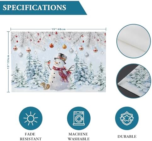 Snowman Placemats Set of 6, Blue Merry Christmas Tree Red Balls Squirrel Heat Resistant Washable Table Place Mats Winter Cotton Table Linens Party Holiday Decor for Kitchen Dining Outdoor Indoor