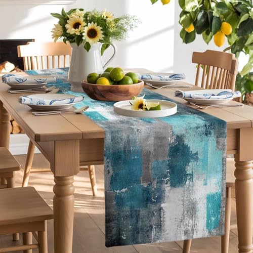 Teal Grey Abstract Art Table Runner Dresser Scarf 13 x 72 Inch Modern Turquoise Color Block Graffiti Table Runners Non-Slip Heat Resistant Kitchen Dining Table Decor for Home Holidays Indoor Outdoor
