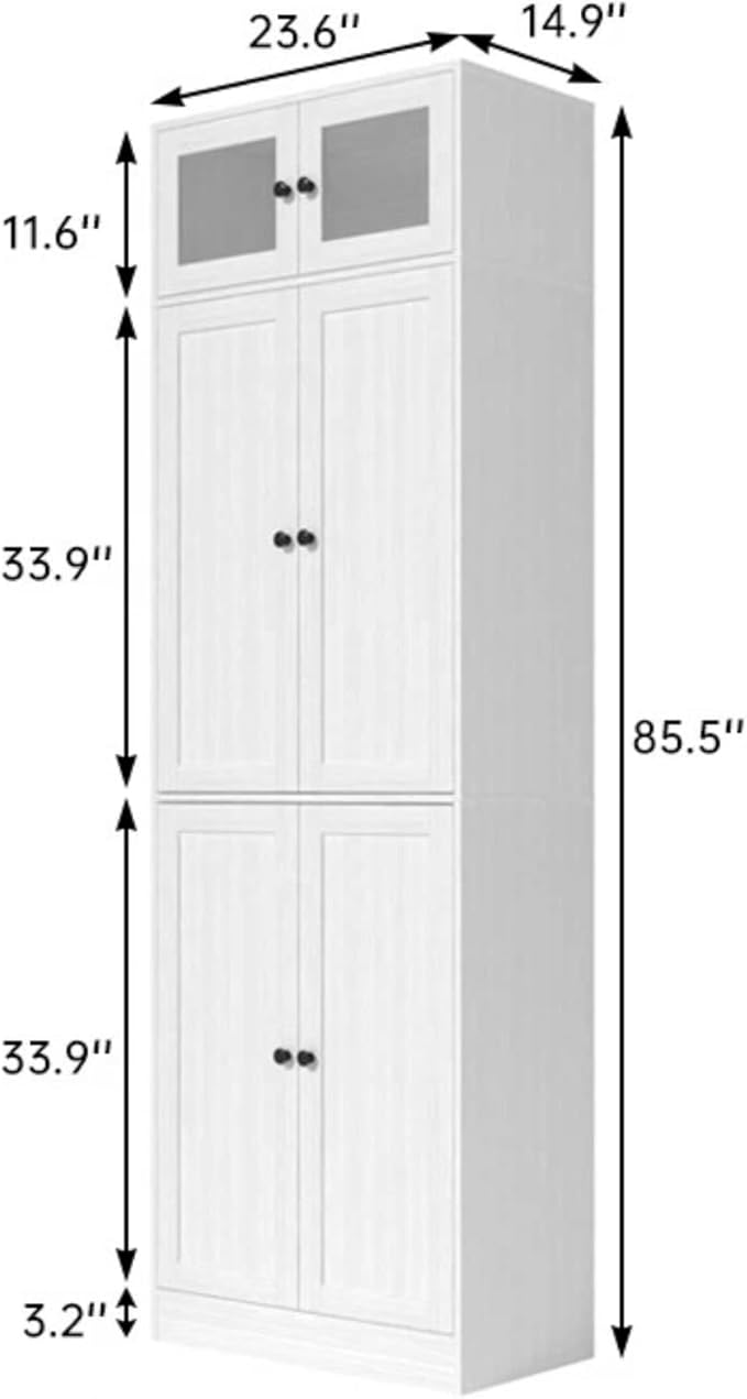 TUSY 85.5" Modern Tall Bookcase with Glass Doors, 7-Tier Wood Bookshelf with Storage for Home Office, Large Curio Cabinet for Living Room, Office, Bedroom, Family Room (White, C)