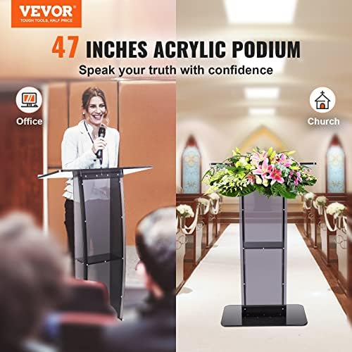VEVOR Acrylic Podium, 47" Acrylic Podium Stand with Wide Reading Surface & Storage Shelf, Floor-Standing Clear Pulpits Acrylic for Church Office School, Black
