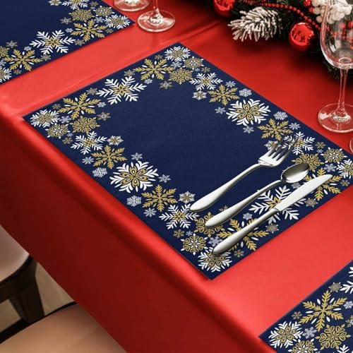 Gold White Snowflakes Christmas Placemat 1PC, Winter Xmas Holiday Heat Resistant Washable Table Place Mats Navy Blue Cotton Table Linens Party Holiday Decor for Kitchen Dining Outdoor Indoor