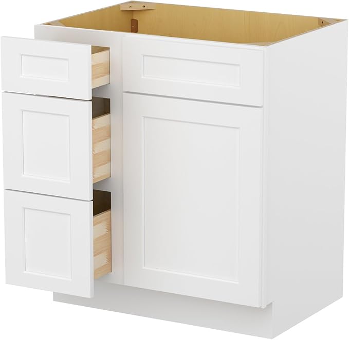 Furinno Shaker Left 3-Drawers Bath Vanity Cabinet, 1-Door, White | 21 D x 30 W x 34.5 H, Adjustable Hinges, Soft-Close Shaker-Style Door, Ready to Assemble, Plywood, for Bathroom, Washroom