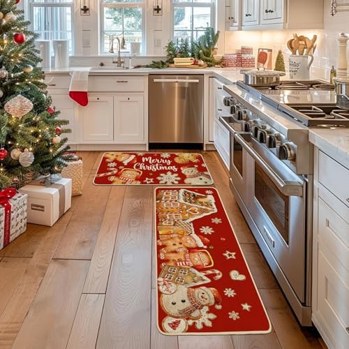 Baccessor Christmas Gingerbread Kitchen Rugs Set of 2,Red Gingerbread House Xmas Winter Snowman Kitchen Mats Washable Non Slip for Floor Hallway Laundry Sink Holiday Home Decor 17x29 and 17x47 Inch