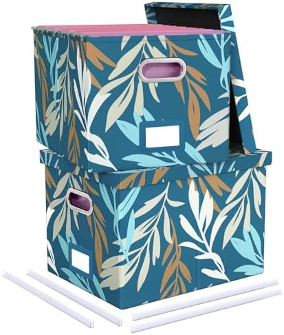 Oterri 2 Pack File Storage Organizer, Document Organizer, Portable File Box with Lid, Fit for Letter/Legal File Folder Storage,Leaf Blue-Box only