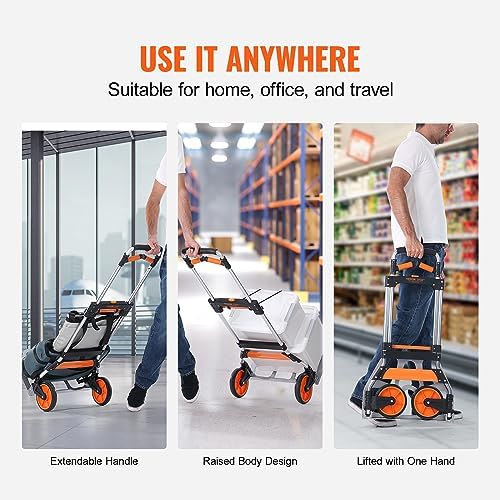 VEVOR Folding Hand Truck and Dolly, 309 Lbs Capacity, Aluminum Foldable Cart, Heavy-Duty Luggage Trolley Cart with Telescoping Handle and PP+TPR Wheels for Home, Office, Shopping, Travel