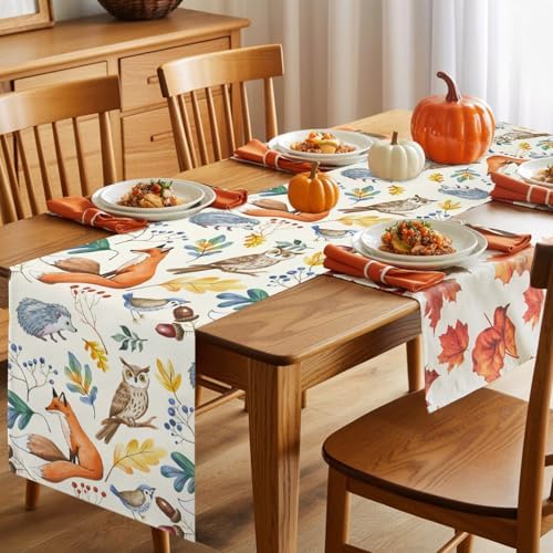 Fall Table Runner Autumn Animal Table Runners Harvest Thanksgiving Owl Bird Fox Leaves Cotton Linen Dresser Scarf Kitchen Dining Table Decor for Autumn Holiday Party Coffee 13x120 Inch
