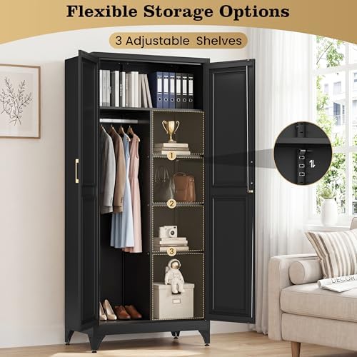 71" Metal Wardrobe Closet with Lock, Black Storage Cabinet with Hanging Rod & 3 Adjustable Shelves, Heavy Duty Steel Armoire for Clothes, Secure Lockable Organizer for Bedroom, Home Office & Laundry