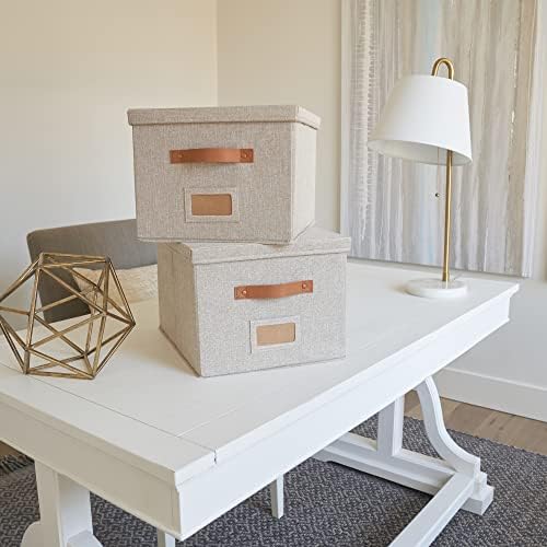 Decorative File Organizer Box Set of 2 - Collapsible Linen Filing Cabinets | Stores Documents and Hanging File Folders - Portable Office Crates with Lid and Handles for Easy Slide Access