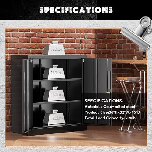 Greenvelly Metal Garage Storage Cabinet,36" Black Lockable Metal Cabinets with 2 Doors and Shelves,Storage Locking Counter Cabinet for Home Office,Garage,Kitchen,School
