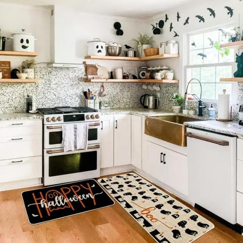 Baccessor Happy Halloween Kitchen Mats Set of 2, Spooky Ghost Kitchen Rugs for Floor Low-Profile Farmhouse Halloween Party Home Kitchen Decor 17x29 and 17x47 Inch