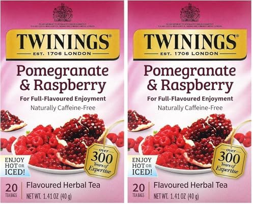 Twinings Pomegranate & Raspberry Herbal Tea Individually Wrapped Bags, 20 Count (Pack of 2), Naturally Caffeine-Free, Enjoy Hot or Iced, 20 Teabags