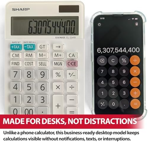 Sharp 12-Digit Dual Power Business Calculator, Extra-Large Fixed LCD Display, White Desktop Business Calculator, 6.6 x 4.4 Inches (EL-334WB)