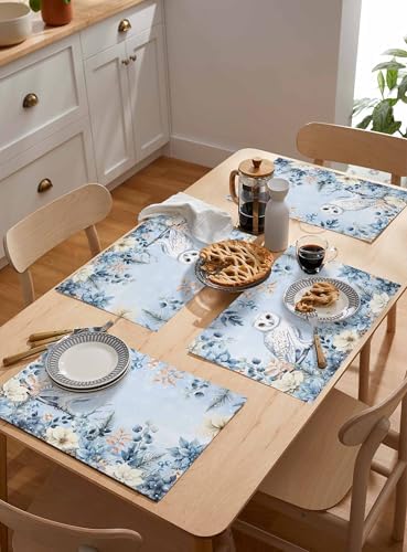 Blue Christmas Placemat 1PC, Winter Snowy Owl Poinsettia Eucalyptus Leaves Heat Resistant Washable Table Place Mats Cotton Table Linens Party Holiday Decor for Kitchen Dining Outdoor Indoor