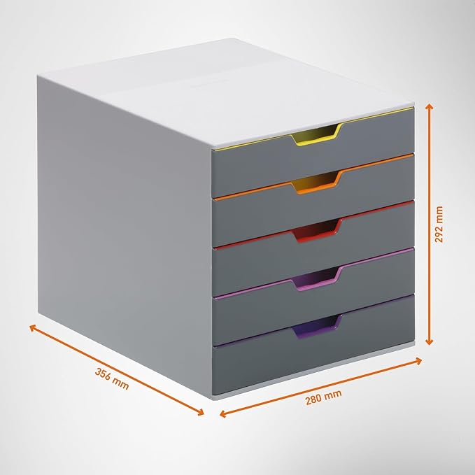 Durable Varicolor 5 Drawer Unit - Gray Desktop Drawer Set with 5 Color Coded Draws - Perfect for Storing Documents and Paper Work
