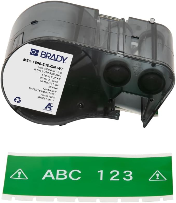Brady Authentic (M5C-1500-595-GN-WT) All-Weather Permanent Adhesive Vinyl Labels 1.5 in W x 25ft White on Green. for use with BMP51, M510, and M511 Label Printers.