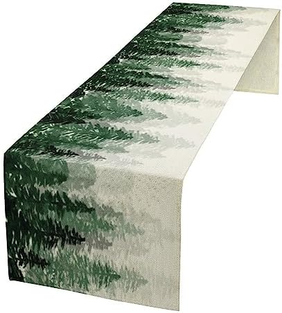 Green Forest Pine Trees Table Runner, Woodland Tabletop Scarf Home Kitchen Holiday Decor, Seasonal Farmhouse Rustic Dining Decorations Party Supply 13 X 36 Inch