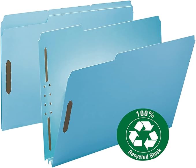 Smead 100% Recycled Pressboard Fastener File Folder, 2 Fasteners, 1/3-Cut Tab, 2" Expansion, Letter Size, Blue, 25 per Box (15001)