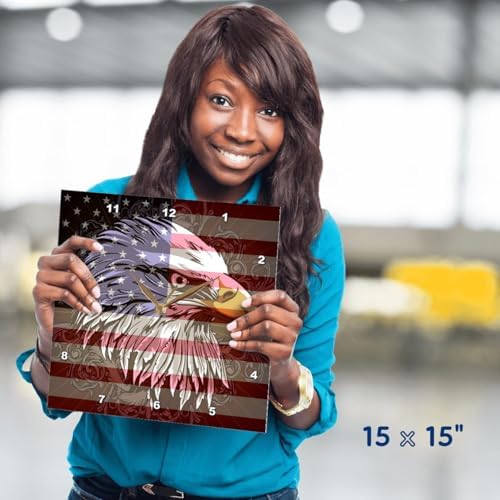 3dRose Wall Clock Silent - 15 inch - Ornate Patriotic Bald Eagle and USA American Flag Pride Great for Fourth of July Independence Day - Patriotic Designs
