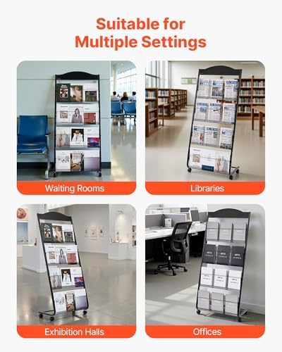 VEVOR Brochure Display Rack, 4-Tier Magazine Literature Display Stand with Wheels, Movable Floor Standing Magazine Rack, Heavy Duty Newspaper Catalog Holders for Shop Exhibitions Office Craft Fairs