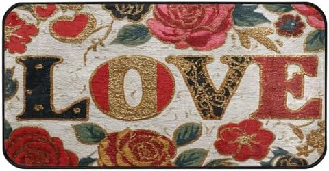 Aslsiy Plaid Hearts Golden Glitter Rose (1) Kitchen Rug Kitchen Mats Valentines Floor Comfort Welcome Washable Non Slip Area Rug for Home Decor 39" X 20"