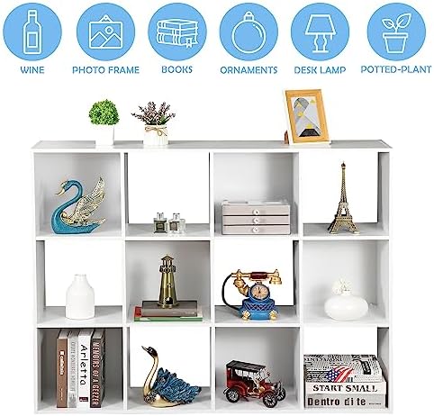SUPER DEAL 12-Compartment Open Shelf Bookcase, 47 inch Wide Cube Storage Cabinet Wood Cubical Bookshelves Display Unit with 6 Removable Back Panels for Living Room Bedroom, White