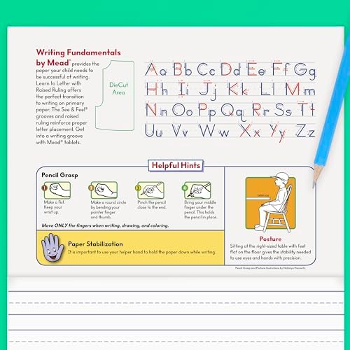 Mead Learn to Letter Writing Tablet, Handwriting Practice Pad Grades PK-1, 10" x 8", Solid & Dotted Raised Ruling, 40 Sheets, 4 Pack (480018)