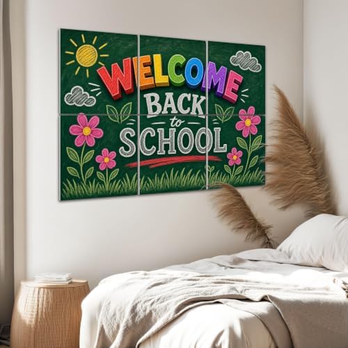 6 Pack Art Acoustic Panels Sound Absorbing Welcome Back to School Chalkboard Art Colorful Letters Floral Details Decorative Soundproof Wall Panels Self Adhesive for Home Recording Studios 72"x48"