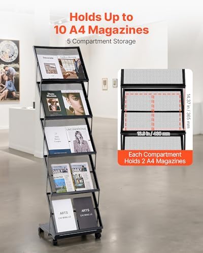 VEVOR Brochure Display Rack, Foldable 5 Pockets Magazine Literature Display Stand, Movable Floor Standing Magazine Rack with Wheels, Metal Newspaper Catalog Holders for Shop Exhibitions Office Show