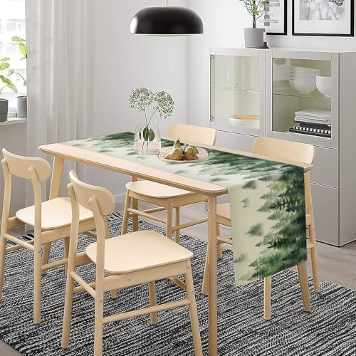 Watercolor Green Pine Trees Table Runner, Forest Woodland Tabletop Scarf Home Kitchen Holiday Decor, Seasonal Farmhouse Rustic Dining Decorations Party Supply 13 X 120 Inch