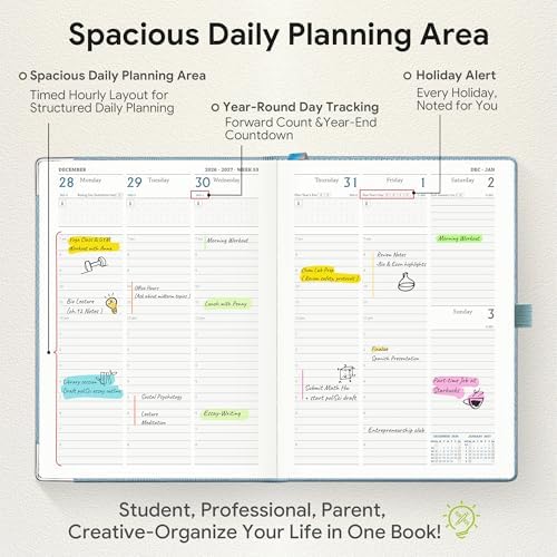 Planner 2026-2027 Weekly & Monthly Planner with Hourly Time Slots, 18 Month Academic Calendar July 2026 – Dec 2027, Vertical Layout, Monthly Tabs, Hardcover Business Agenda, Sky Blue