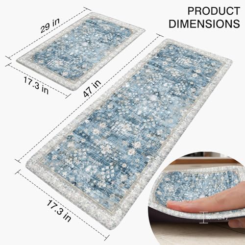 Boho Cushioned Anti Fatigue Mats for Kitchen Floor,Modern Farmhouse Blue Floral Non-Slip Water Resistant Runner Comfort Foam Standing Rugs Non Skid for Home Sink,Office,Laundry 17"x47"+17"x30"