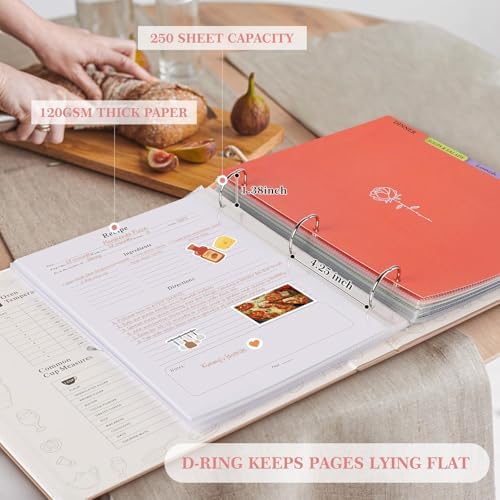 Lanpn Recipe Binder 8.5x11 3 Ring Kit, Waterproof Recipe Book Organizer Binder with 60 Plastic Sleeves,116 Recipes, Dividers,Labels & Stickers, Blank Recipe Binder to Write in Your Own Recipes, Oat