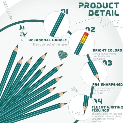 Sivak 100 Pack Green Colored Pencils with Eraser, Presharpened, Checking, Correcting, Grading, Drawing, Art, Map Coloring, Tests, Gifting