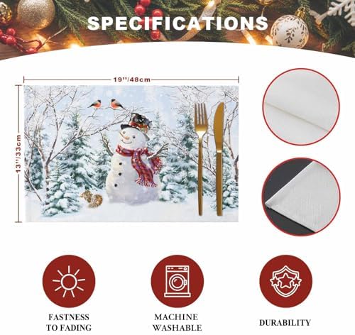 Christmas Placemats Set of 4, Snowman Squirrel Bird Heat Resistant Washable Dining Table Mats Xmas Holiday Farmhouse Decor for Kitchen&Linens Outdoor Indoor, Pine Tree Branch Snowflake