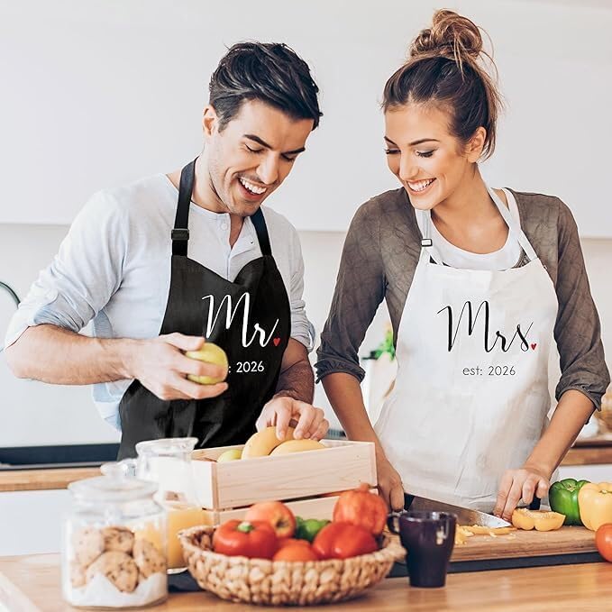 Prazoli Products Couples Aprons, Mr. & Mrs. Est: 2026 Black & White