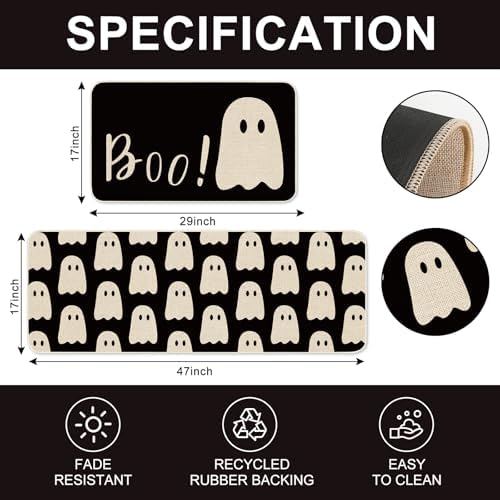 FYSUIMU Halloween Ghost Kitchen Rugs Set of 2 Black Ghost Boo Kitchen Floor Mat Non-Slip Spooky Bathroom Rugs Cute Halloween Kitchen Decor for Party Home, 17 x 29 Inch & 17 x 47 Inch